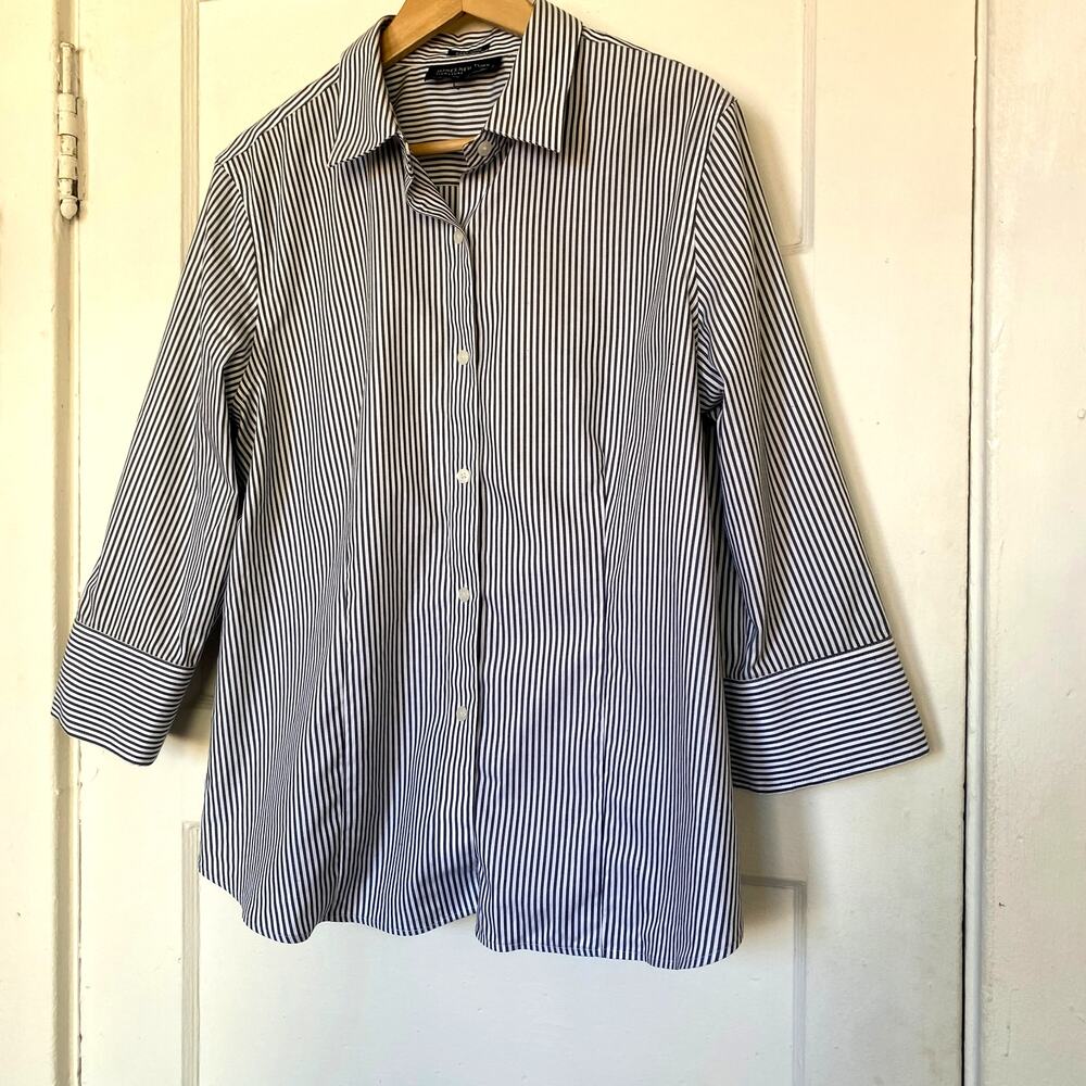 Jones New York Easy Care Striped Button-up Collared Shirt Blue White 3/4 Sleeve
